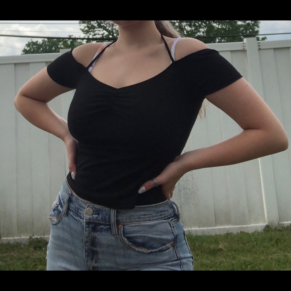 S black, off-the-shoulder crop, charlotte russe